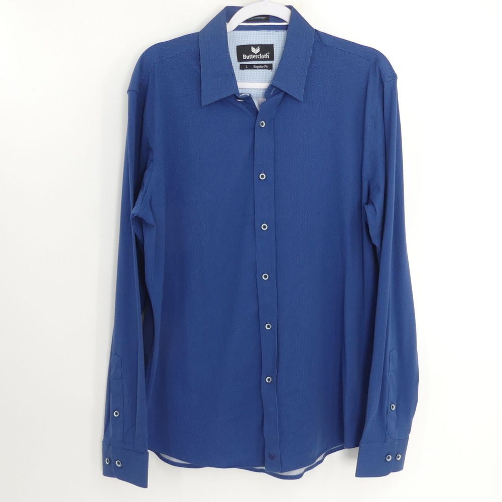 Buttercloth Icy Cotton Regular Fit Button Up Long Sleeve Shirt Blue Mens L